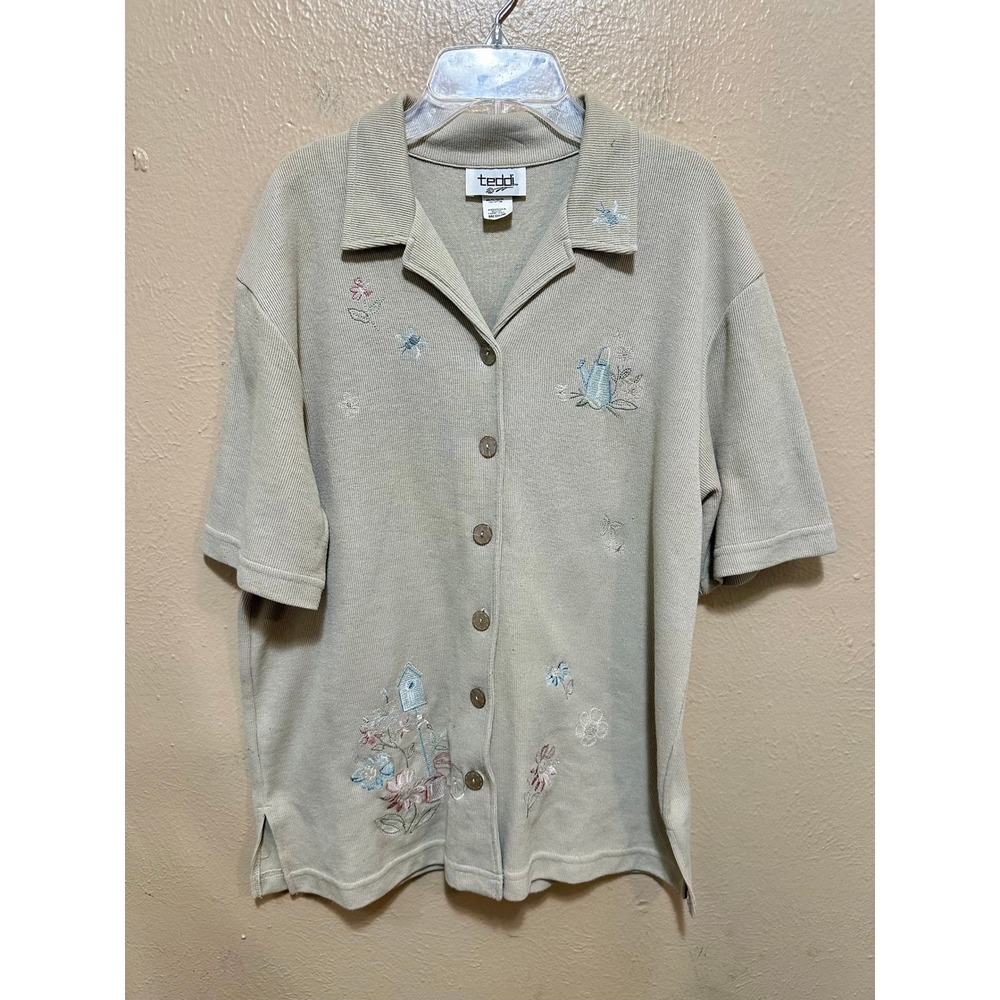 Teddi Womens Medium Embroidered Birdhouse Floral Button Up‎ Knit Top